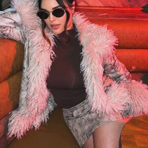 Fashion Nova Gray Teddy Jacket with Faux Fur Trim